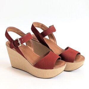 Tommy Hilfiger Francis Peep Toe Wedge Platform Sandals Brick Red Tan Boho Size 7